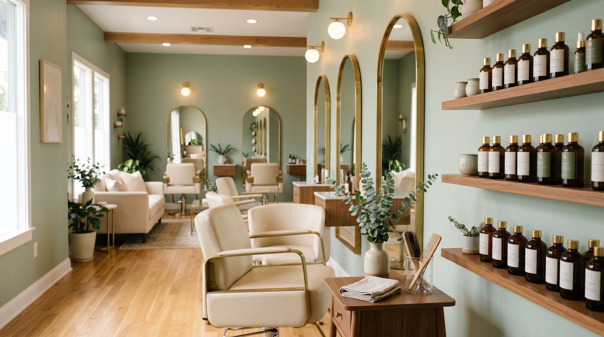 The serene, sage-toned interior of The Hair Spa salon in Montclair, California
