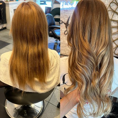 Real client transformation at The Hair Spa — copper hair before, long golden balayage waves after