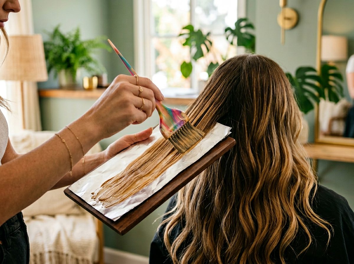 Balayage color being painted at The Hair Spa
